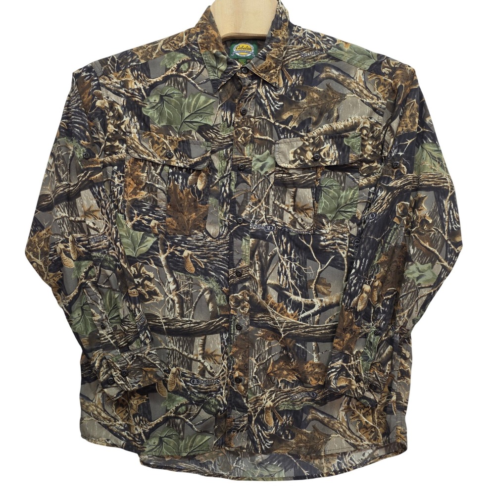 Cabelas Seclusion 3D Camo Hunting Shirt Mens Large UPF 50 Vented Back Tactical